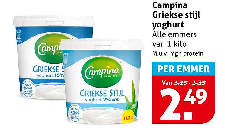 Campina Griekse stijl yoghurt - Alle emmers van 1 kilo M.u.v. high protein PER EMMER
