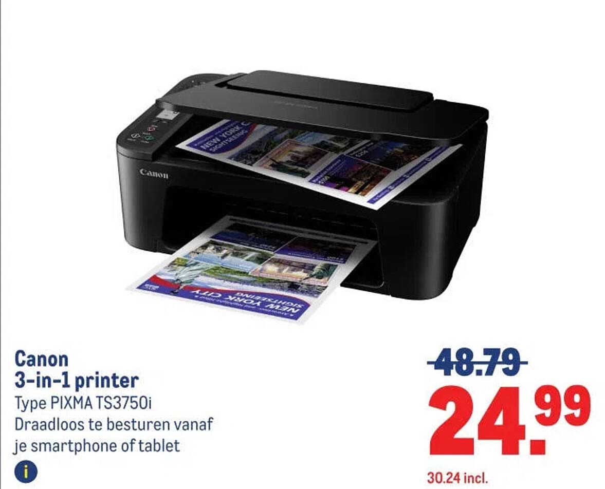 Canon 3-in-1 printer Type PIXMA TS3750i Draadloos te besturen vanaf je smartphone of tablet
