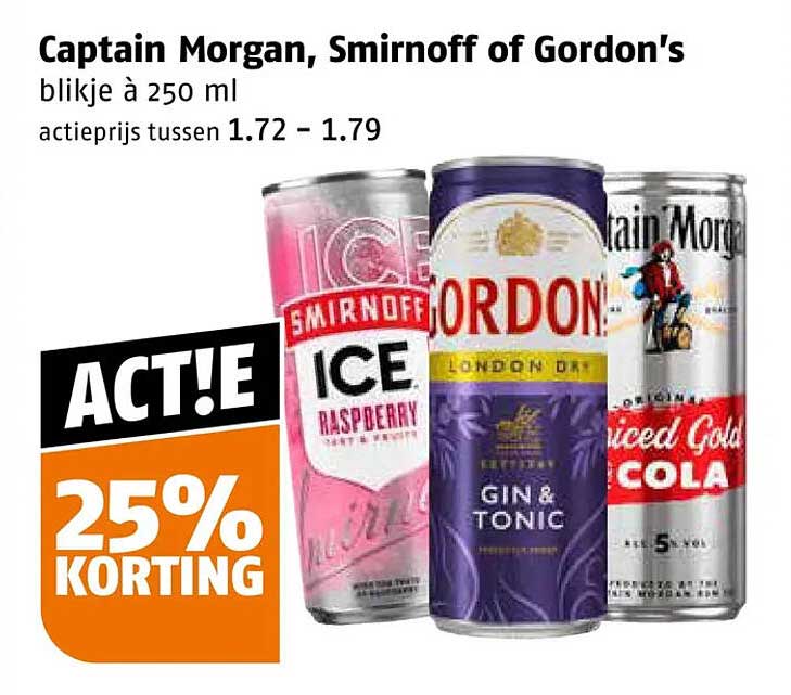 Captain Morgan, Smirnoff of Gordon's blikje à 250 ml 25% KORTING