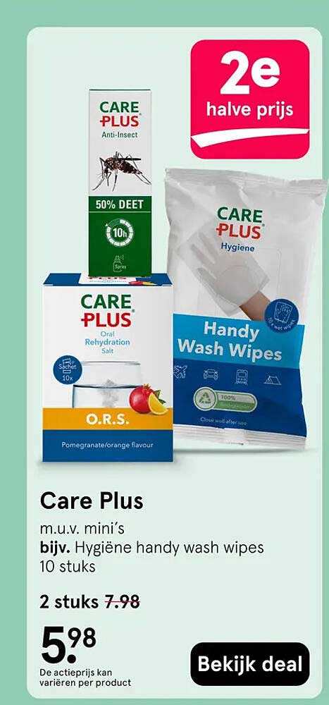 Care Plus m.u.v. mini’s, bijv. Hygiëne handy wash wipes 10 stuks 2e halve prijs