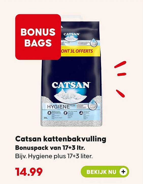 Catsan kattenbakvulling Bonuspack van 17+3 ltr. Bijv. Hygiene plus 17+3 liter. BONUS BAGS