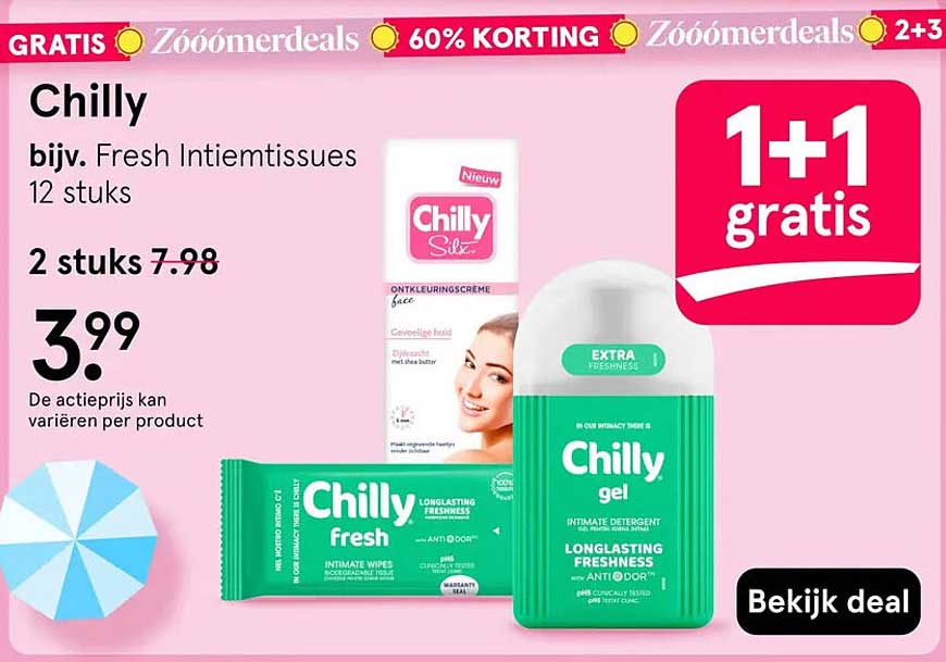 Chilly bijv. Fresh Intimtissues 12 stuks 1+1 gratis