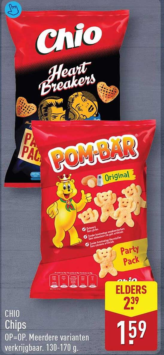CHIO Chips 0P=OP. Meerdere varianten verkrijgbaar. 130-170 g.
