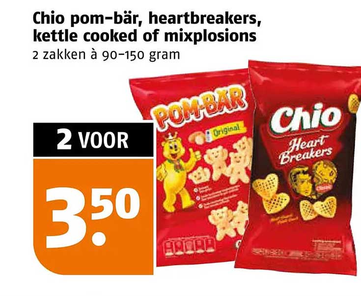 Chio pom-bär, heartbreakers, kettle cooked of mixplosions 2 zakken à 90-150 gram