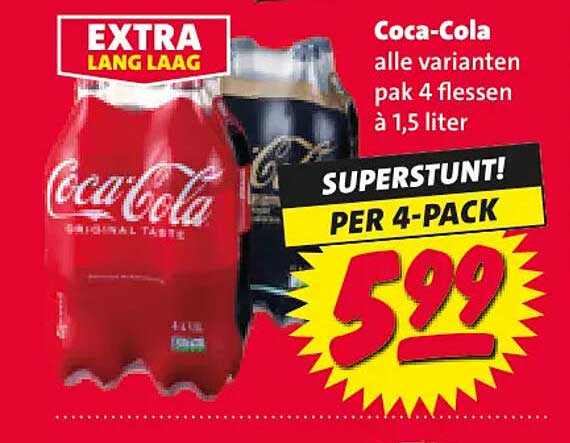 Coca-Cola alle varianten pak 4 flessen à 1,5 liter SUPERSTUNT! PER 4-PACK EXTRA LANG LAAG