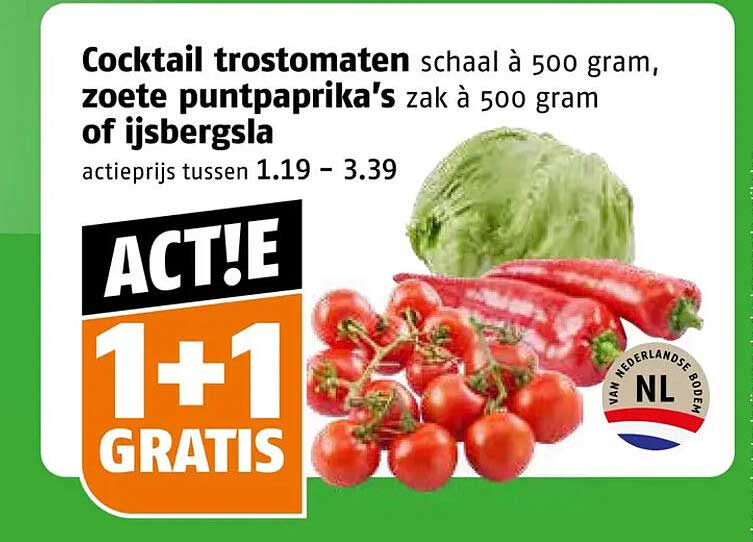 Cocktail trostomaten schaal à 500 gram, zoete puntpaprika's zak à 500 gram of ijsbergsla 1+1 GRATIS