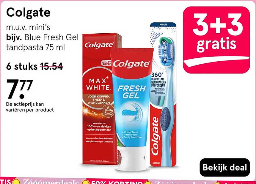 Colgate m.u.v. mini’s bijv. Blue Fresh Gel tandpasta 75 ml 3+3 gratis