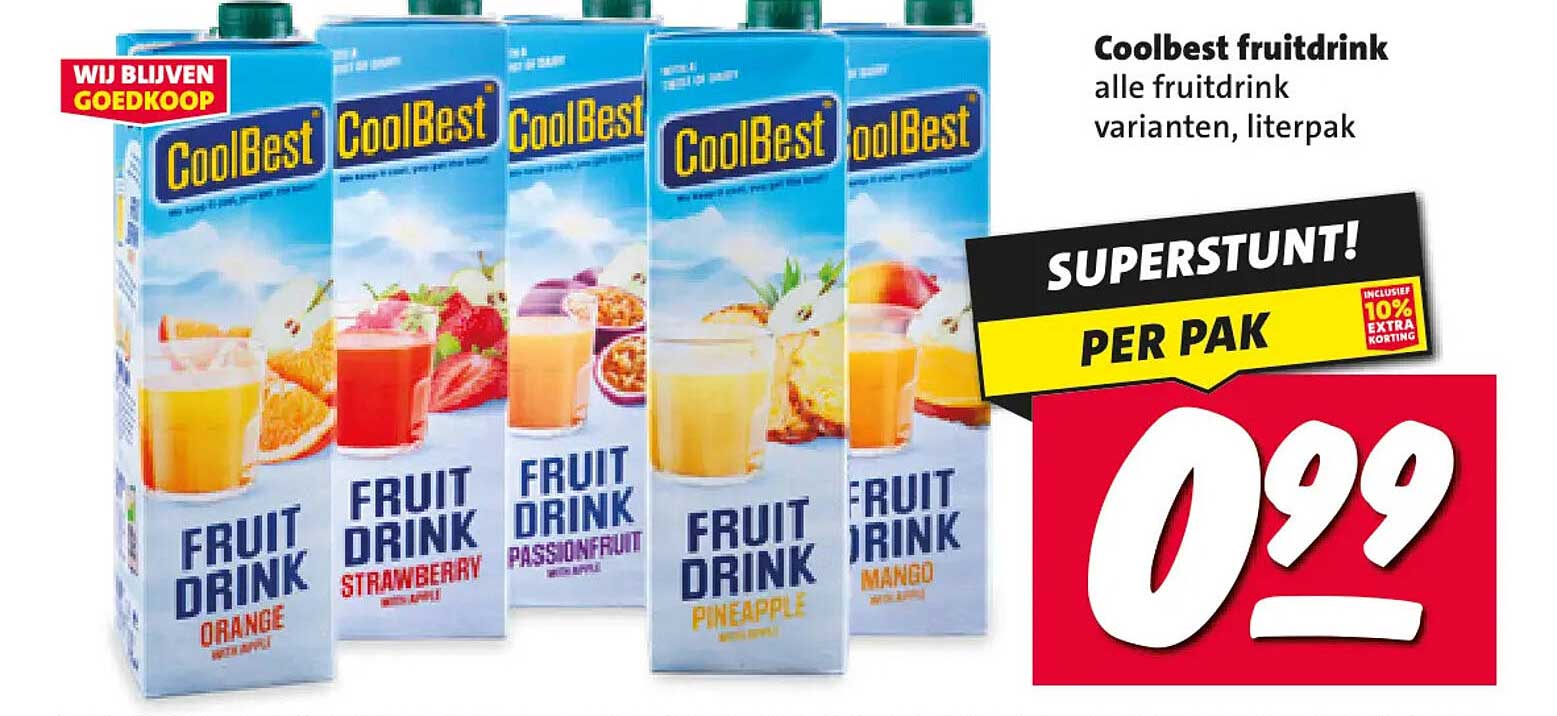 CoolBest fruitdrink alle fruitdrink varianten, literpak SUPERSTUNT! PER PAK