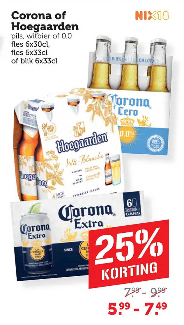 Corona of Hoegaarden pils, witbier of 0.0 fles 6x30cl, fles 6x33cl of blik 6x33cl 25% KORTING