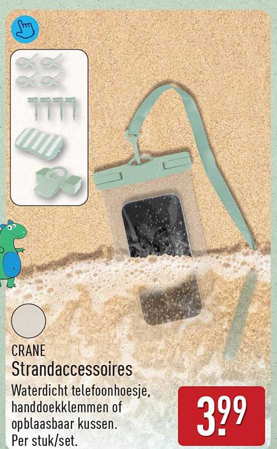 CRANE Strandaccessoires Waterdicht telefoonhoesje, handdoekklemmen of opblaasbaar kussen. Per stuk/set.