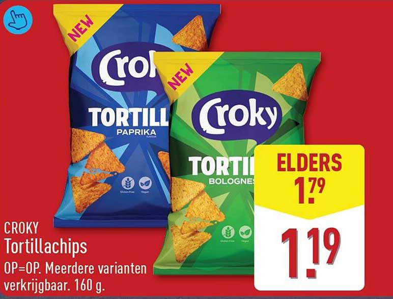 CROKY Tortillachips OP=OP. Meerdere varianten verkrijgbaar. 160 g.