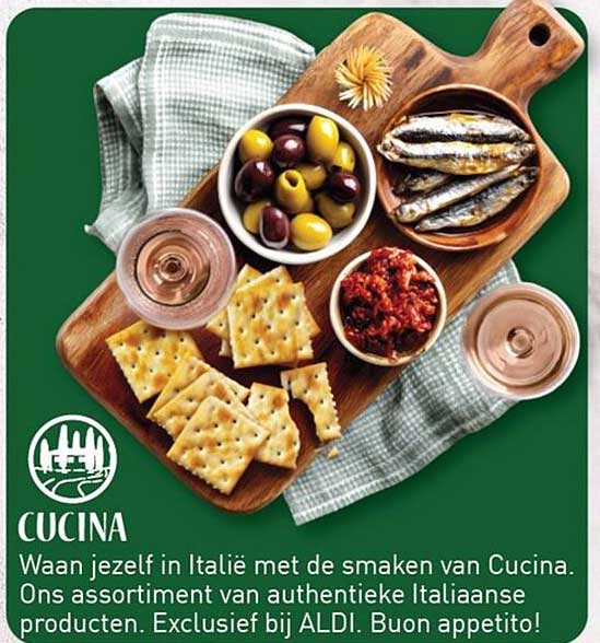 CUCINA Waan jezelf in Italië met de smaken van Cucina. Ons assortiment van authentieke Italiaanse producten. Exclusief bij ALDI. Buon appetito!