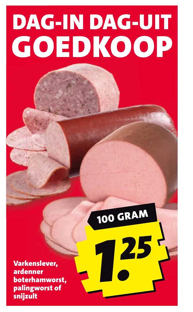 DAG-IN DAG-UIT GOEDKOOP Varkenslever, ardenner boterhamworst, palingworst of snijzult 100 GRAM