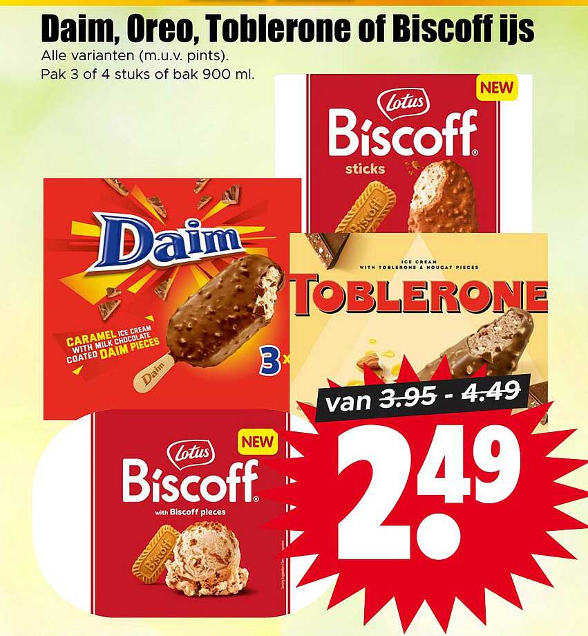 Daim, Oreo, Toblerone of Biscoff ijs