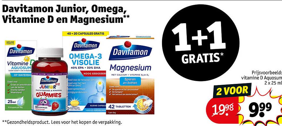 Davitamon Junior, Omega, Vitamine D en Magnesium** 1+1 GRATIS*