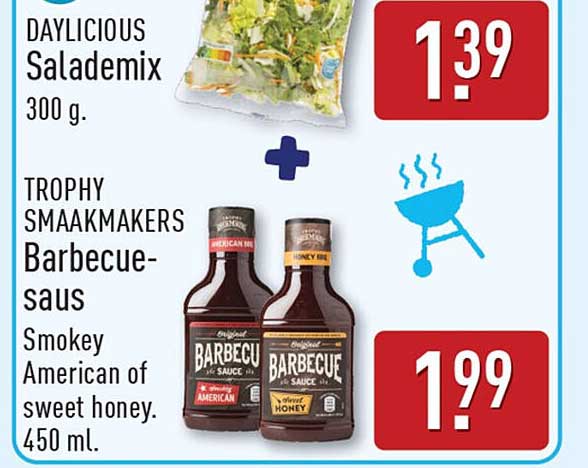 DAYLICIOUS Salademix 300 g. + TROPHY SMAAKMAKERS Barbecuesaus Smokey American of sweet honey, 450 ml.