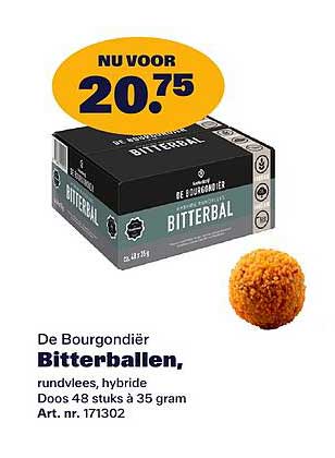 De Bourgondiër Bitterballen, rundvlees, hybride Doos 48 stuks à 35 gram Art. nr. 171302