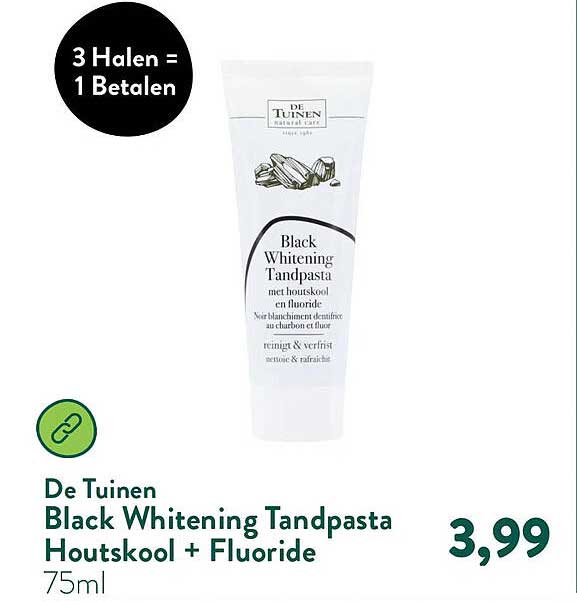 De Tuinen Black Whitening Tandpasta Houtskool + Fluoride 75ml 3 Halen = 1 Betalen
