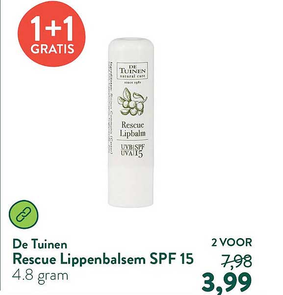 De Tuinen Rescue Lippenbalsem SPF 15 1+1 gratis