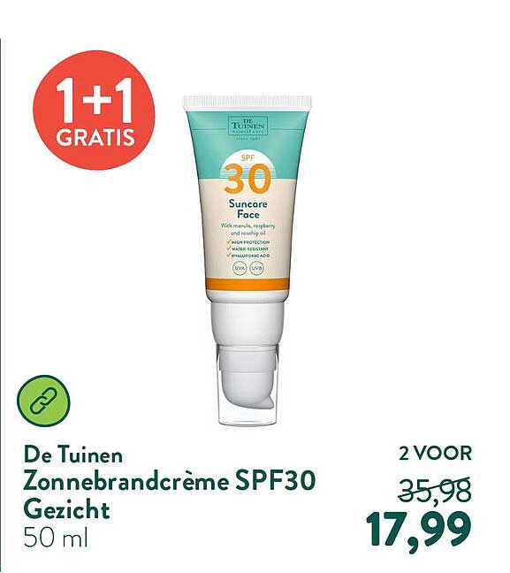 De Tuinen Zonnebrandcrème SPF30 Gezicht 50 ml 1+1 GRATIS