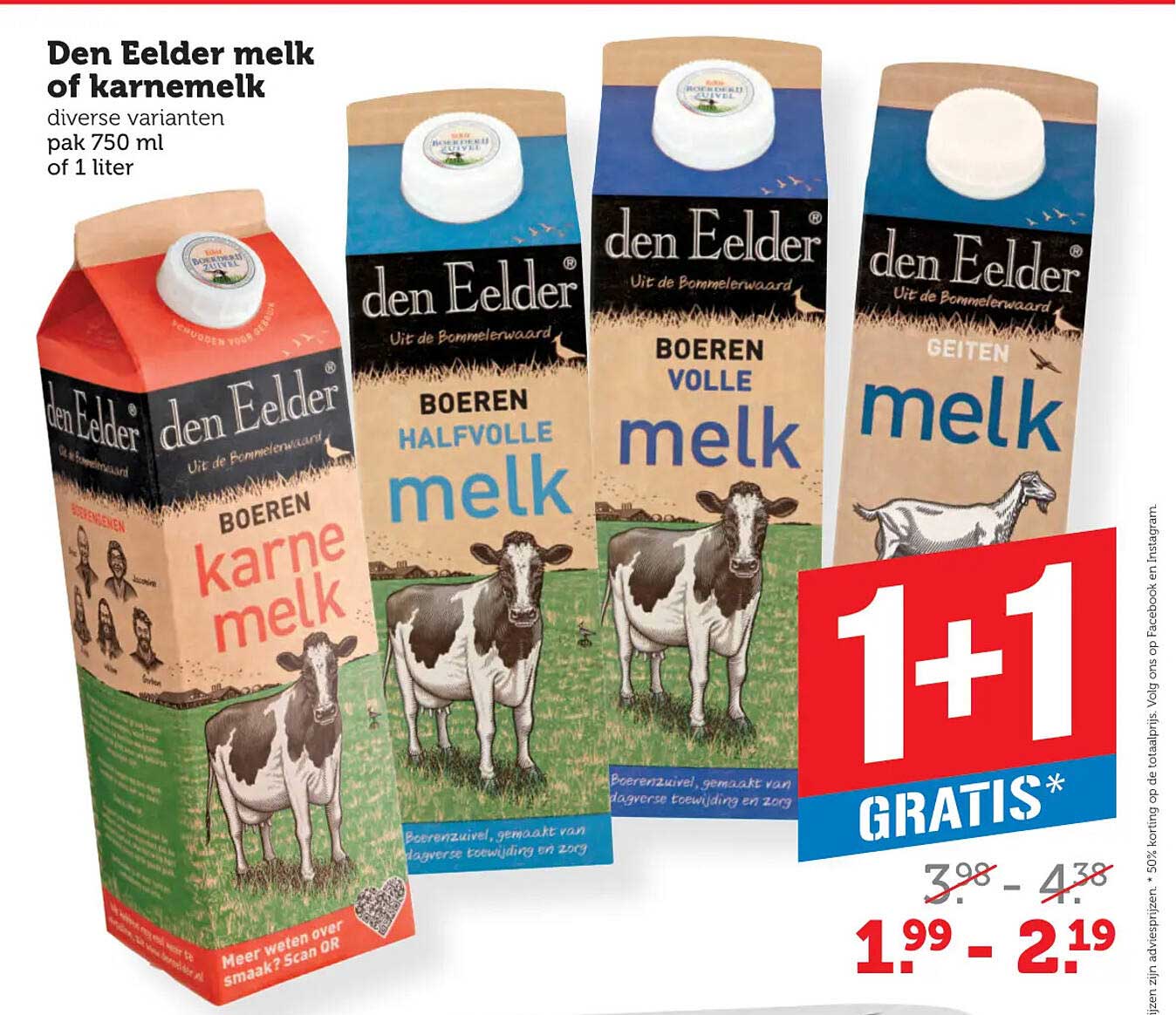 Den Eelder melk of karnemelk diverse varianten pak 750 ml of 1 liter 1+1 GRATIS