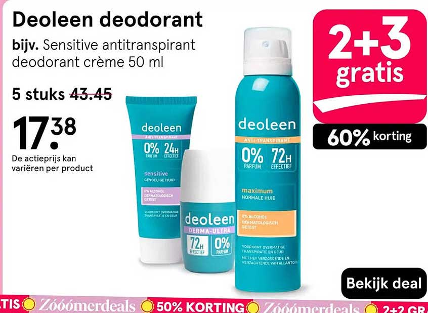 Deoleen deodorant bijv. Sensitive antitranspirant deodorant crème 50 ml 2+3 gratis