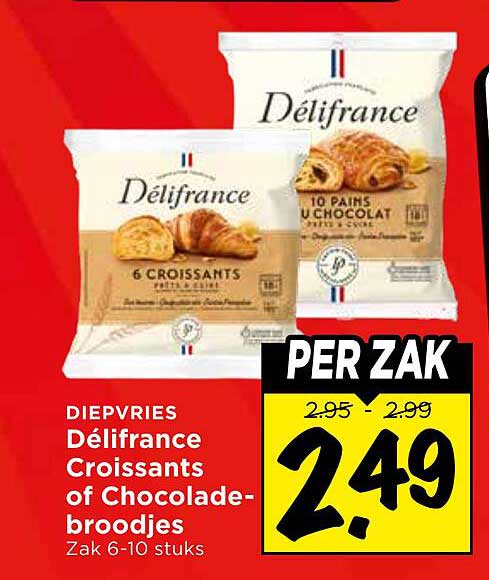 DIEPVRIES Délifrance Croissants of Chocolade-broodjes Zak 6-10 stuks PER ZAK
