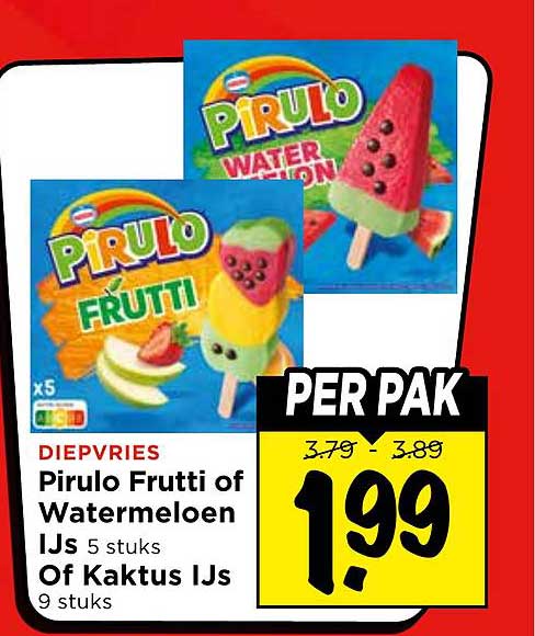 Diepvries Pirulo Frutti of Watermeloen IJs 5 stuks of Kaktus IJs 9 stuks
