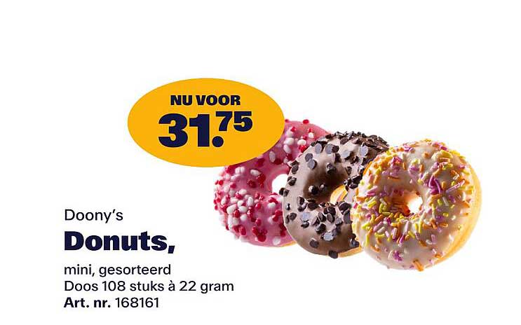 Doony’s Donuts, mini, gesorteerd Doos 108 stuks à 22 gram Art. nr. 168161
