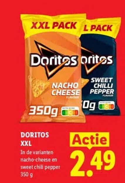 Doritos XXL in de varianten nacho cheese en sweet chili pepper 350 g