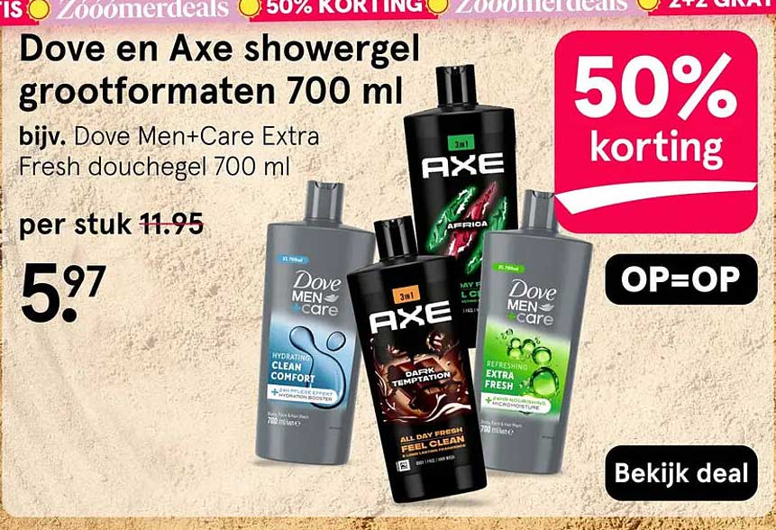Dove en Axe showergel grootformaten 700 ml 50% korting