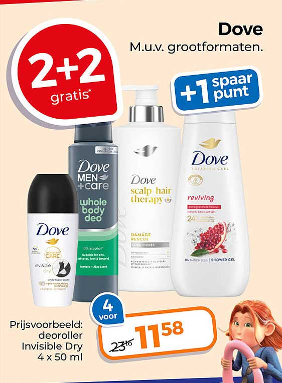 Dove M.u.v. grootformaten. 2+2 gratis* +1 spaarpunt