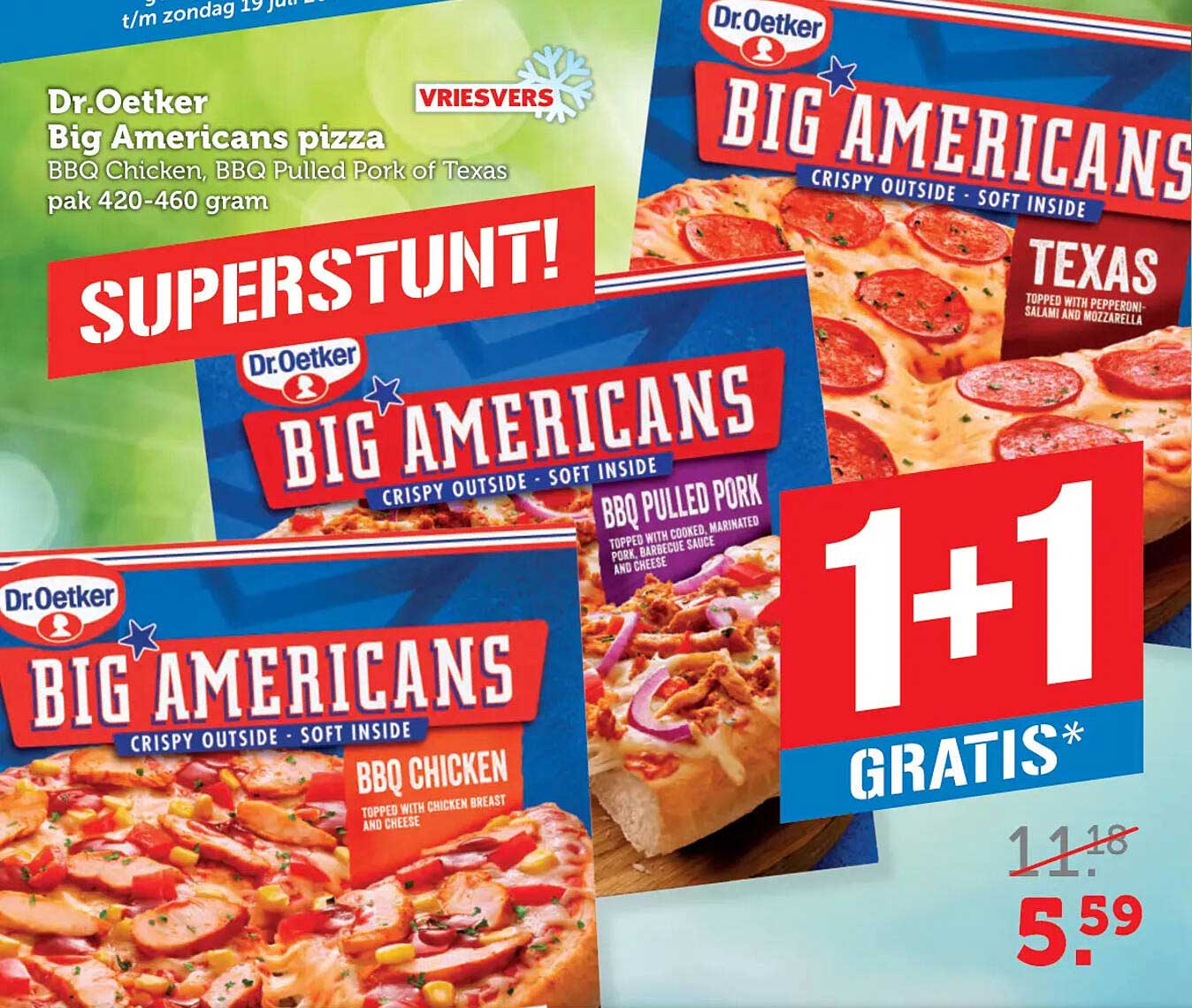 Dr. Oetker Big Americans pizza BBQ Chicken, BBQ Pulled Pork of Texas pak 420-460 gram 1+1 gratis