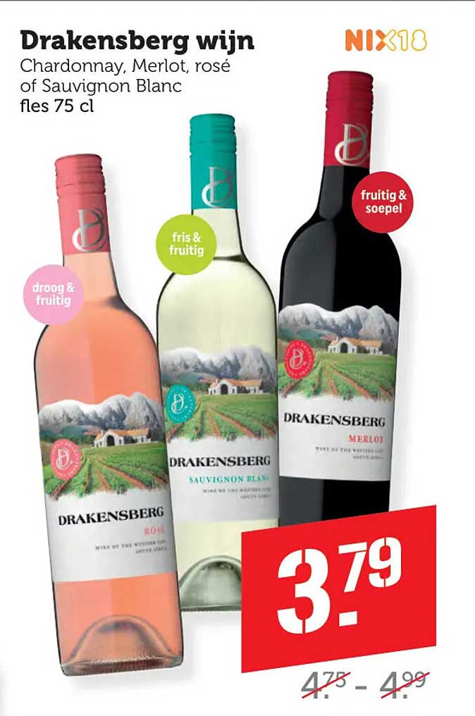 Drakensberg wijn Chardonnay, Merlot, rosé of Sauvignon Blanc fles 75 cl