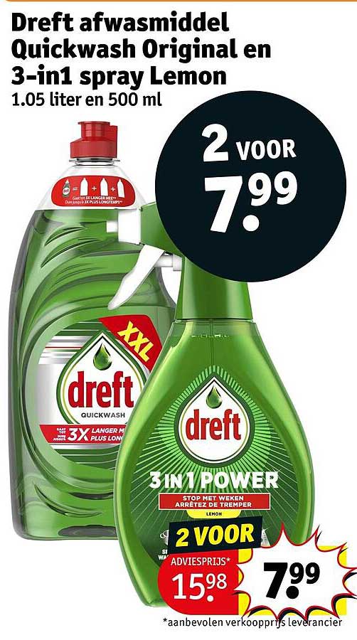 Dreft afwasmiddel Quickwash Original en 3-in-1 spray Lemon 1.05 liter en 500 ml 2 voor
