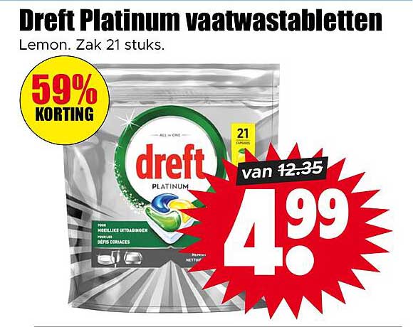 Dreft Platinum vaatwastabletten Lemon. Zak 21 stuks. 59% KORTING