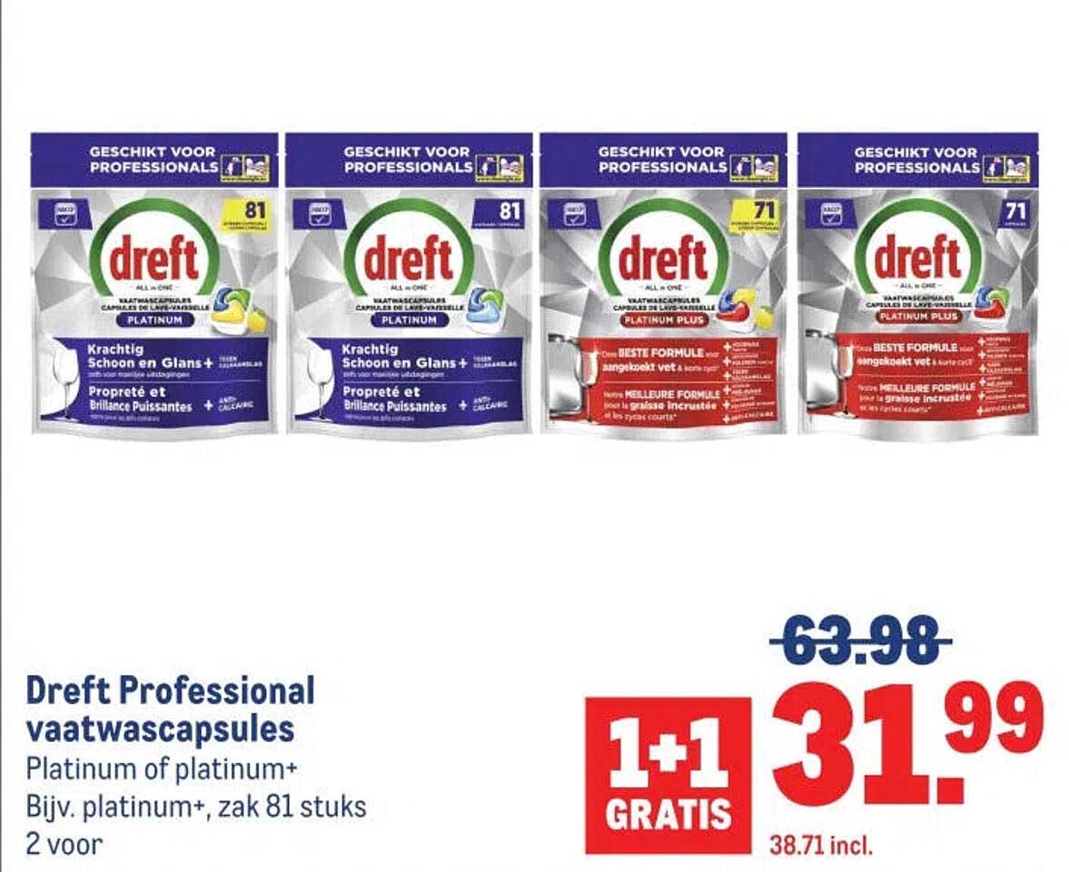 Dreft Professional vaatwascapsules Platinum of platinum+ Bijv. platinum+, zak 81 stuks 2 voor 1+1 GRATIS