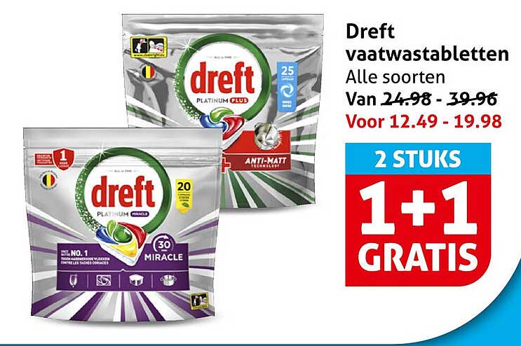 Dreft vaatwastabletten Alle soorten 2 STUKS 1+1 GRATIS