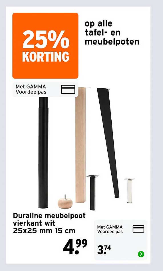 Duraline meubelpoot vierkant wit 25x25 mm 15 cm 25% KORTING