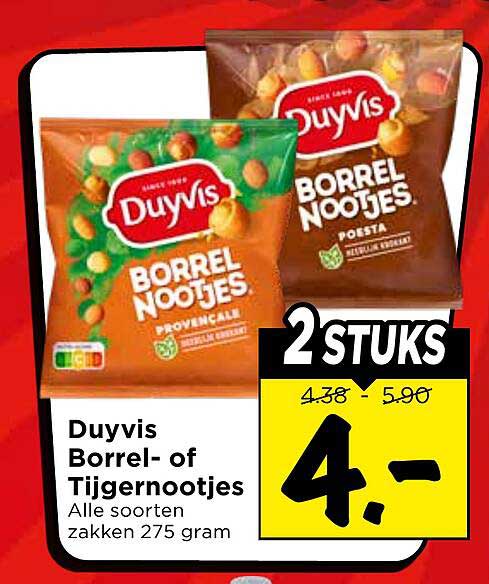 Duyvis Borrel- of Tijgernootjes Alle soorten zakken 275 gram 2 stuks