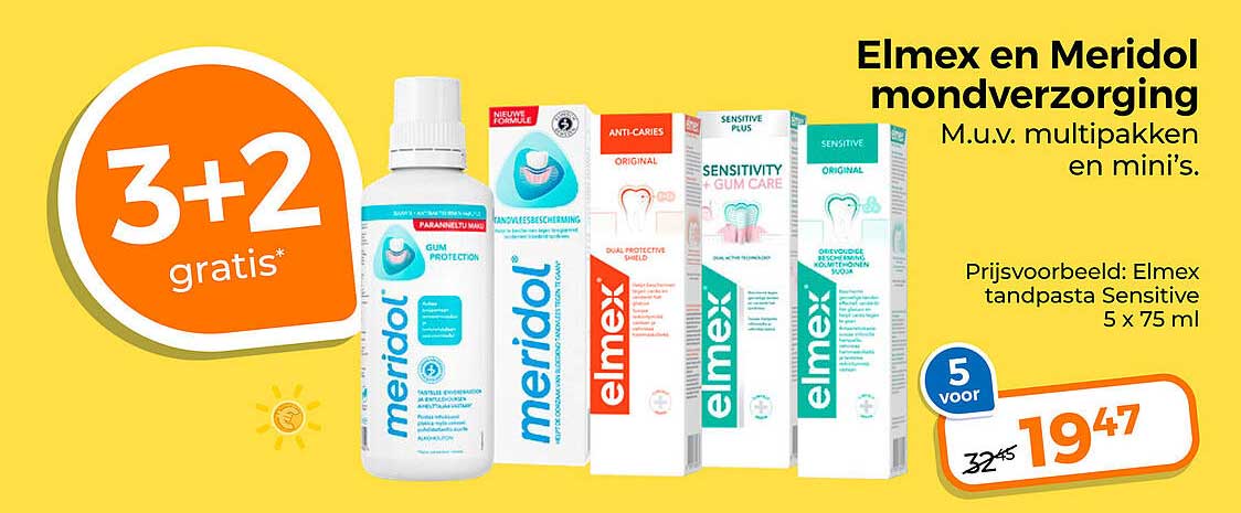Elmex en Meridol mondverzorging M.u.v. multipakken en mini’s. 3+2 gratis*