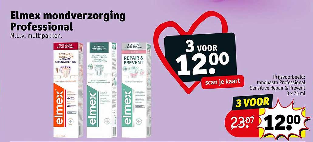 Elmex mondverzorging Professional M.u.v. multipakken. 3 voor 12.00 scan je kaart