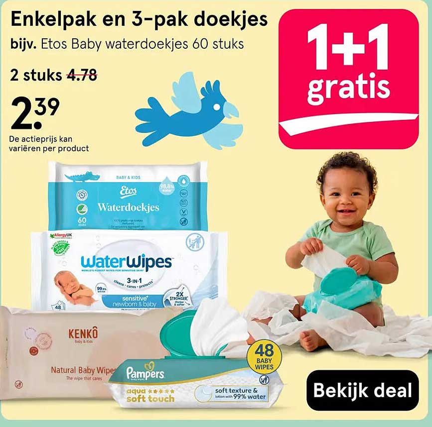 Enkelpak en 3-pak doekjes bijv. Etos Baby waterdoekjes 60 stuks 1+1 gratis