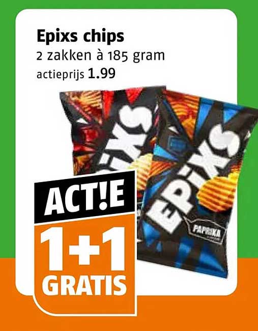 Epix chips 2 zakken à 185 gram actiprijs 1.99 1+1 GRATIS