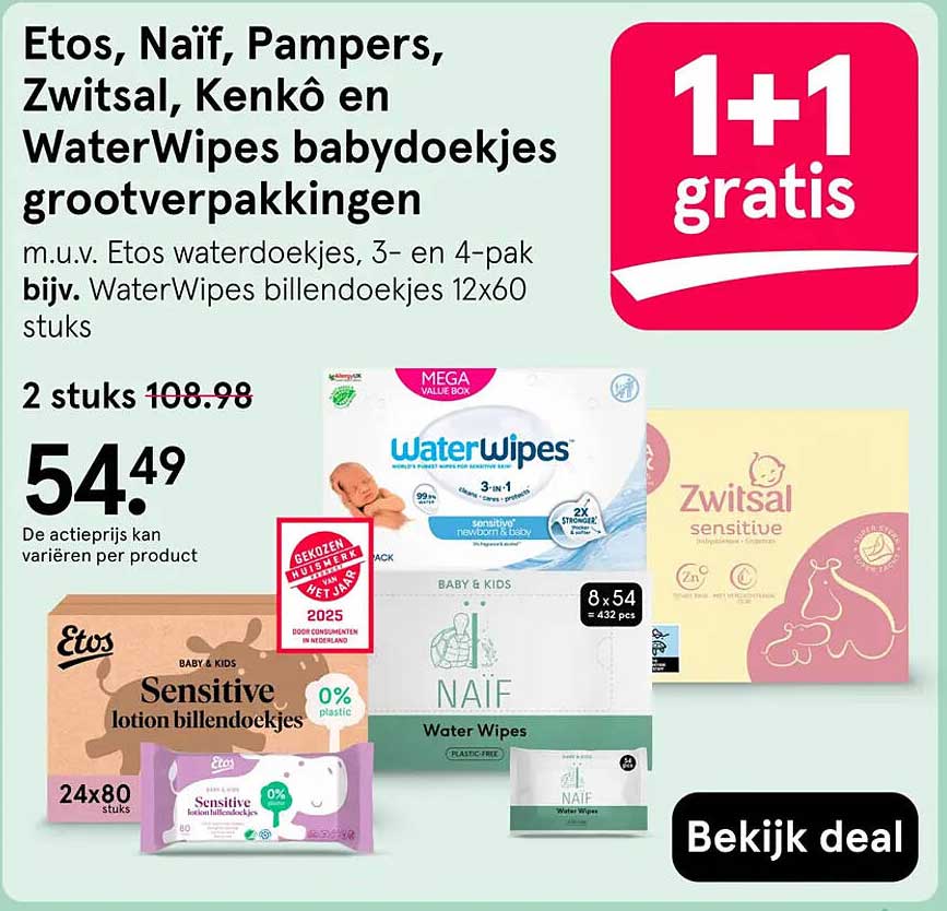 Etos, Naïf, Pampers, Zwitsal, Kenkô en WaterWipes babydoekjes grootverpakkingen 1+1 gratis