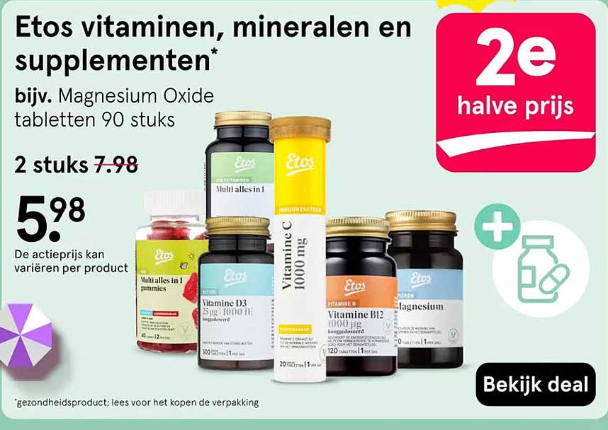 Etos vitaminen, mineralen en supplementen* 2e halve prijs