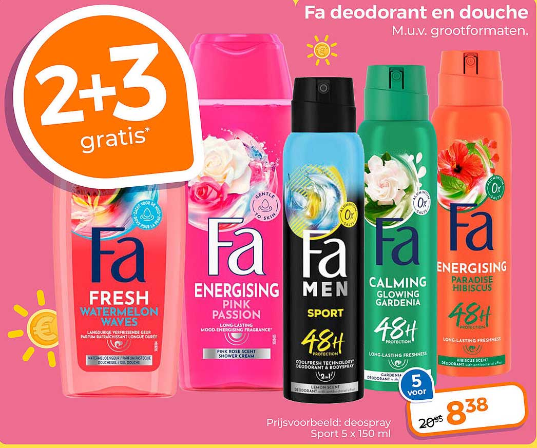 Fa deodorant en douche M.u.v. grootformaten. 2+3 gratis