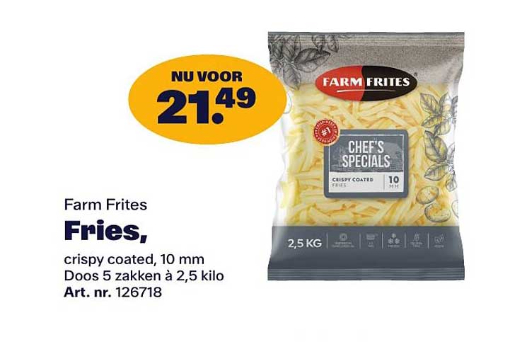 Farm Frites Fries, crispy coated, 10 mm Doos 5 zakken à 2,5 kilo