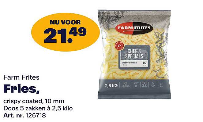 Farm Frites Fries, crispy coated, 10 mm Doos 5 zakken à 2,5 kilo Art. nr. 126718