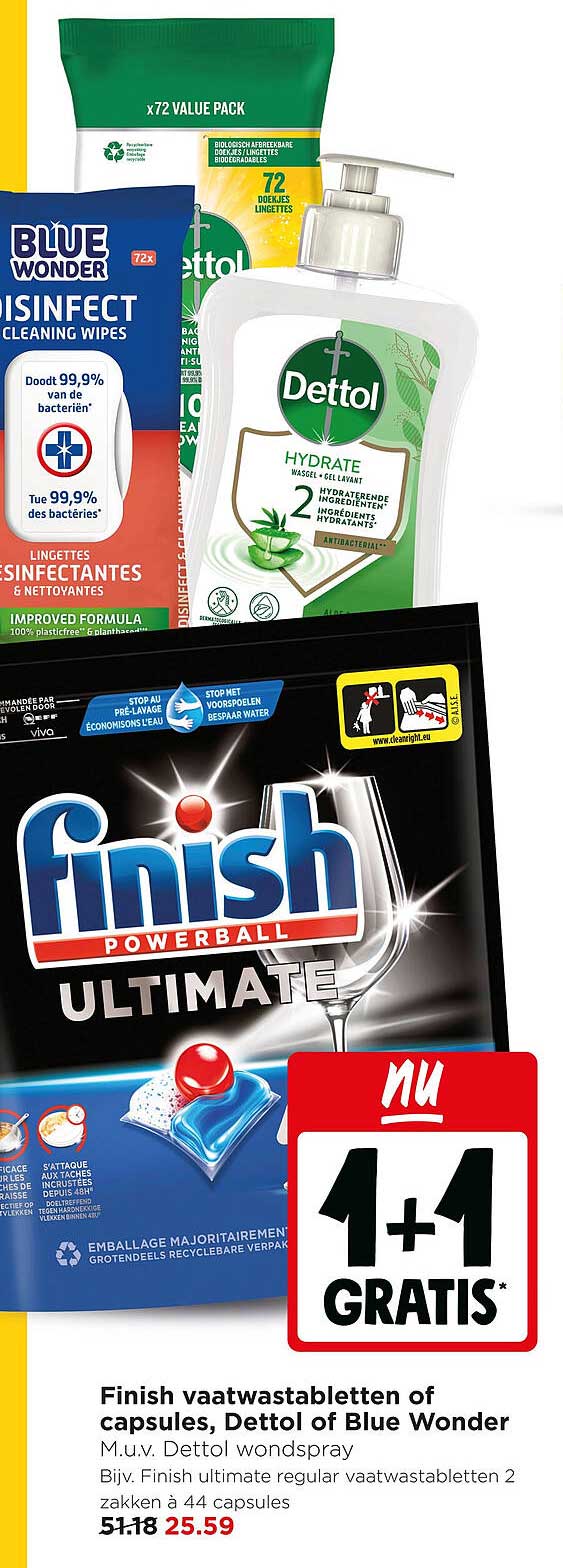 Finish vaatwastabletten of capsules, Dettol of Blue Wonder 1+1 gratis